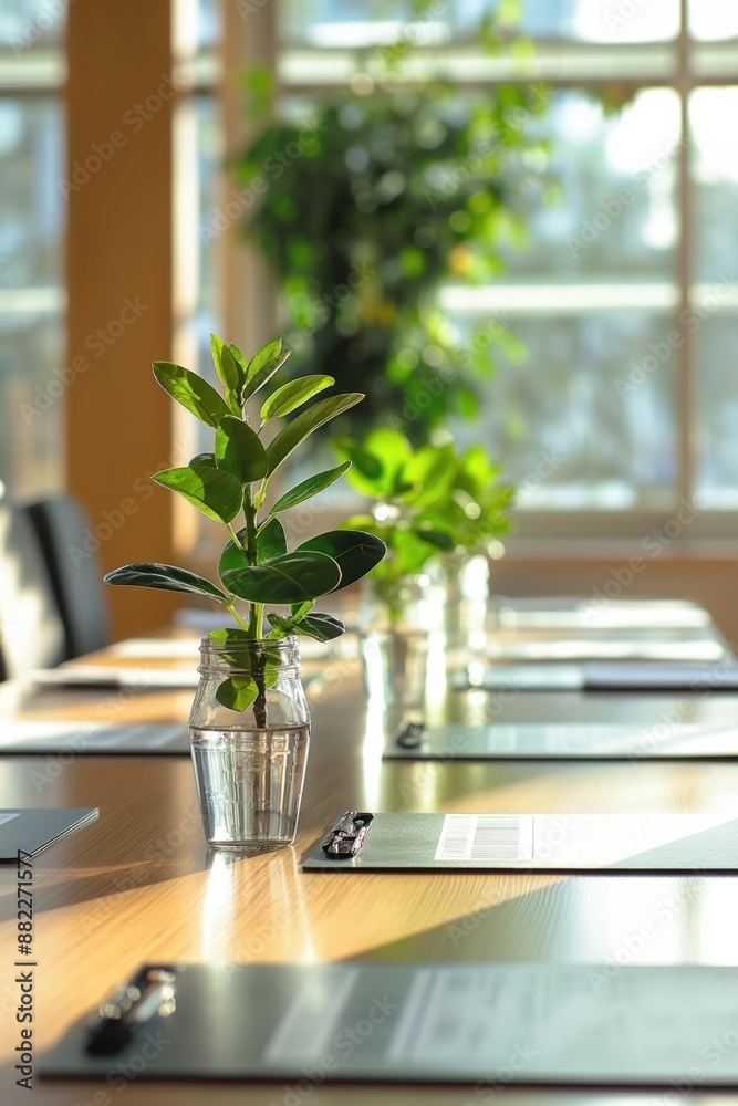 Green plant on wooden table in office setting Green plant on wooden table in office setting