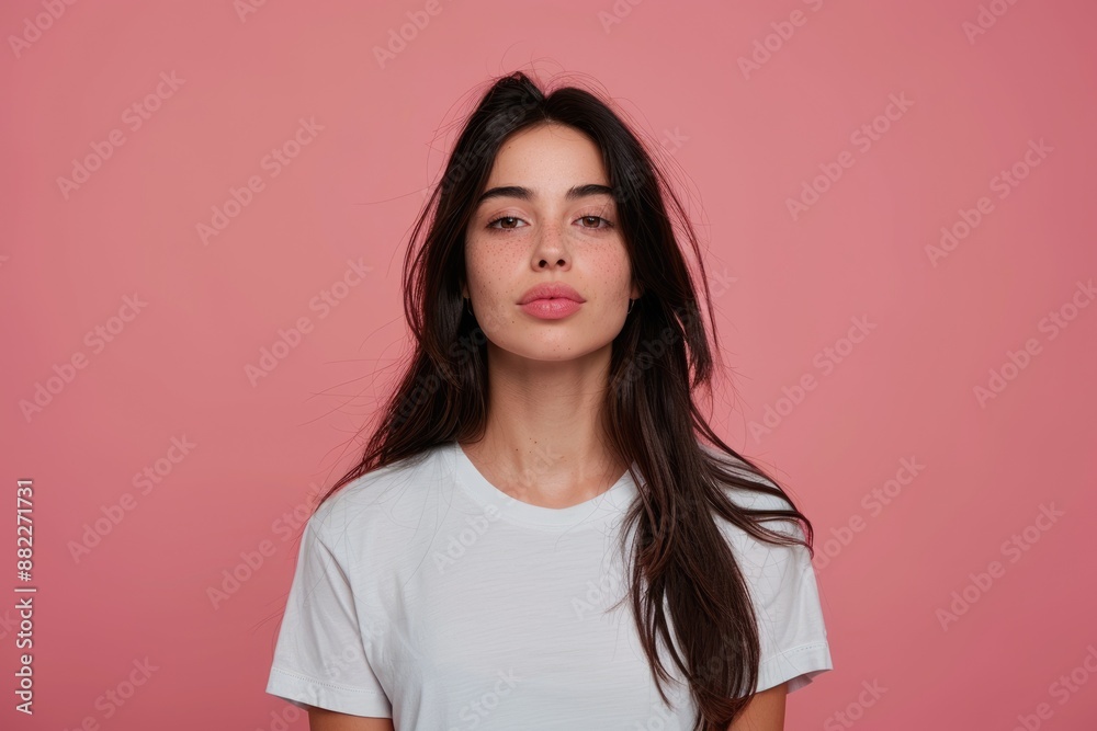 Fototapeta premium Vain Woman. Proud Hispanic Young Adult Female Over Pink Studio Background