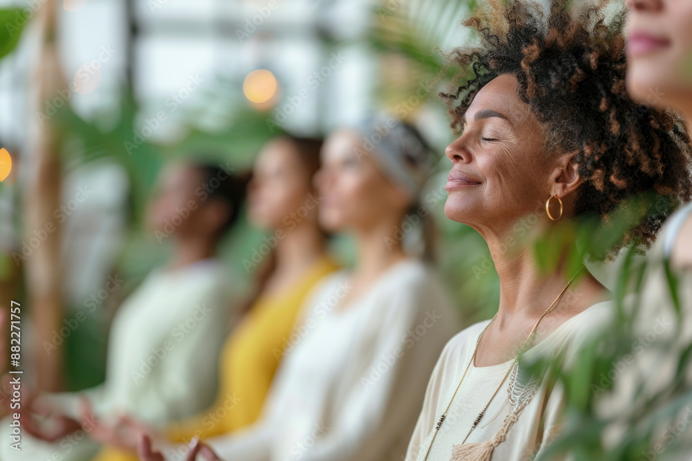 custom made wallpaper toronto digitalGroup of happy smiling mix race people practicing yoga in the botanical garden, surrounded by green tropical plants	