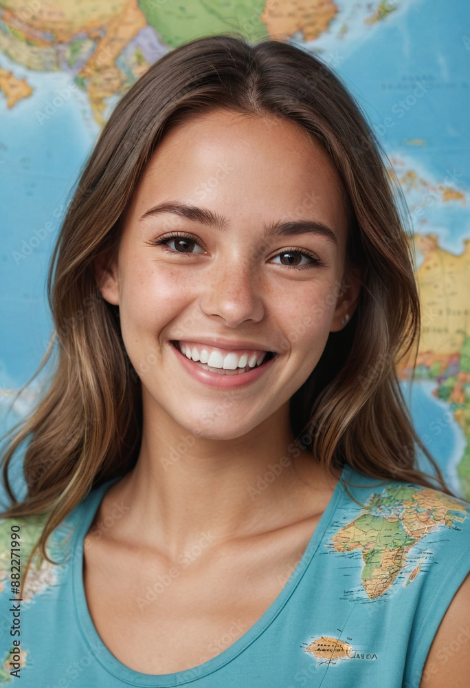 Portrait view of a regular happy smiling Oceania girl, ultra realistic, candid, social media, avatar image, plain solid background