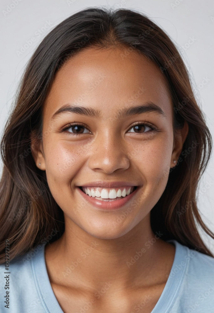 Portrait view of a regular happy smiling Federated States of Micronesia girl, ultra realistic, candid, social media, avatar image, plain solid background Portrait view of a regular happy smiling Federated States of Micronesia girl, ultra realistic, candid, social media, avatar image, plain solid background