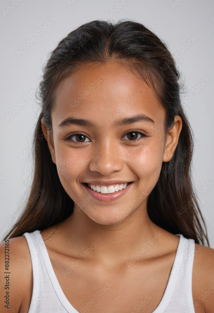 Portrait view of a regular happy smiling Federated States of Micronesia girl, ultra realistic, candid, social media, avatar image, plain solid background Portrait view of a regular happy smiling Federated States of Micronesia girl, ultra realistic, candid, social media, avatar image, plain solid background