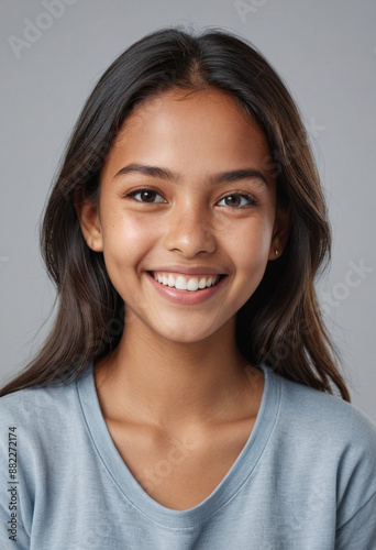 Portrait view of a regular happy smiling Nauru girl, ultra realistic, candid, social media, avatar image, plain solid background