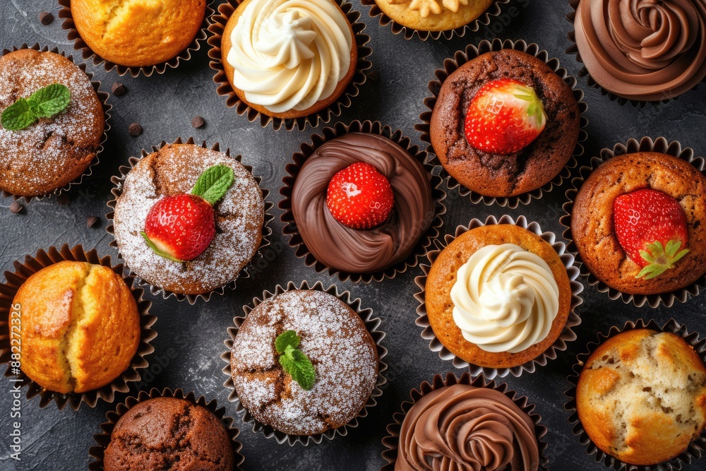 Muffins Top View. Closeup Set of Fresh and Delicious Sweet Baked Goods Muffins Top View. Closeup Set of Fresh and Delicious Sweet Baked Goods