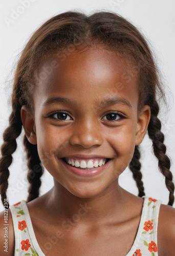 Portrait view of a regular happy smiling Papua New Guinea girl, ultra realistic, candid, social media, avatar image, plain solid background