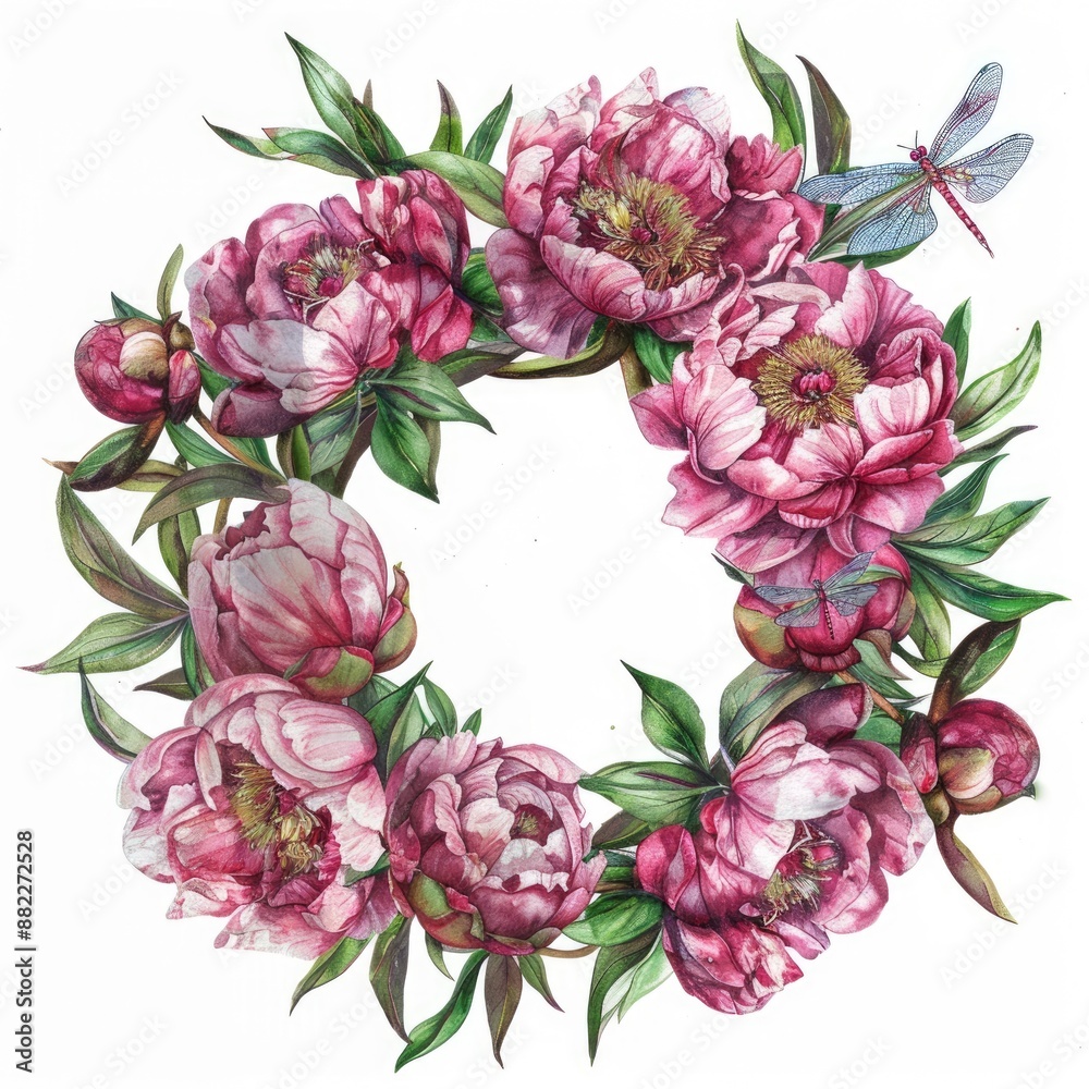 Peony Wreath. Fuchsia Watercolor Flower Chaplet with Delicate Dragonflies Peony Wreath. Fuchsia Watercolor Flower Chaplet with Delicate Dragonflies