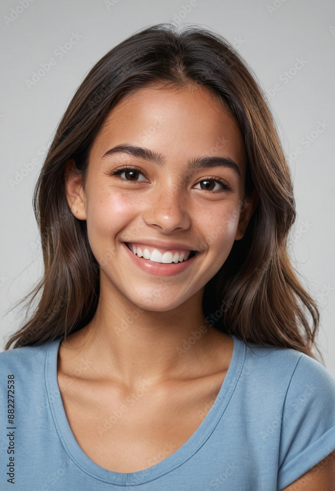 Portrait view of a regular happy smiling Colombia girl, ultra realistic, candid, social media, avatar image, plain solid background Portrait view of a regular happy smiling Colombia girl, ultra realistic, candid, social media, avatar image, plain solid background