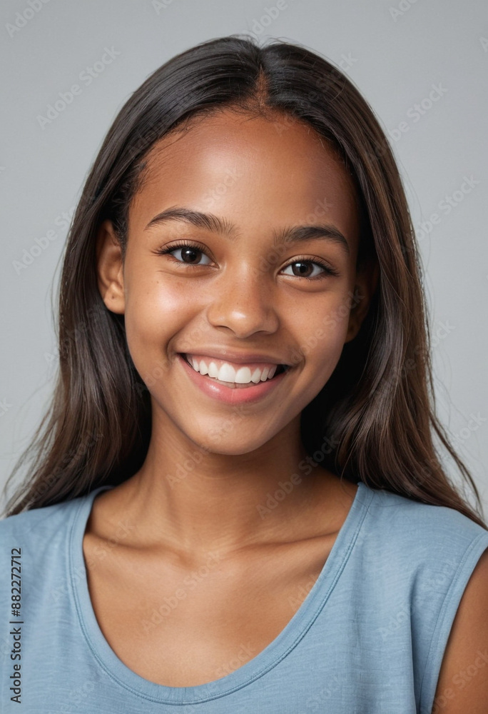 Portrait view of a regular happy smiling Suriname girl, ultra realistic, candid, social media, avatar image, plain solid background Portrait view of a regular happy smiling Suriname girl, ultra realistic, candid, social media, avatar image, plain solid background