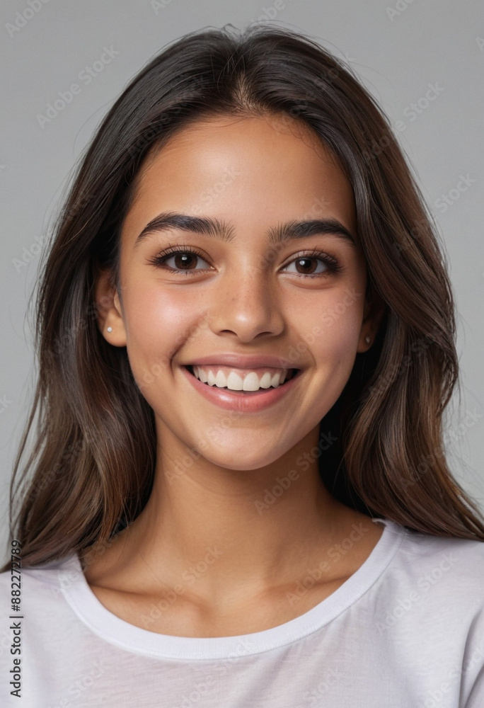 Portrait view of a regular happy smiling Venezuela girl, ultra realistic, candid, social media, avatar image, plain solid background Portrait view of a regular happy smiling Venezuela girl, ultra realistic, candid, social media, avatar image, plain solid background