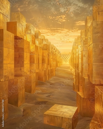 A labyrinth with walls made from stacked gold bars in a sunlit desert theme, front view, symbolizing hidden wealth, futuristic tone, Complementary Color Scheme