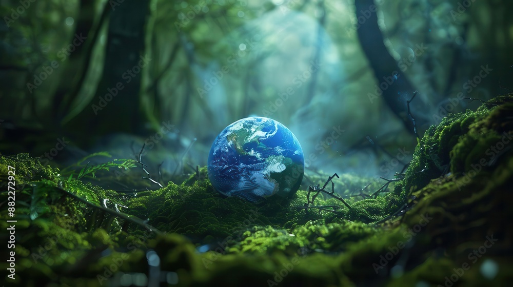 ethereal scene of glowing blue planet earth nestled in lush green moss ...