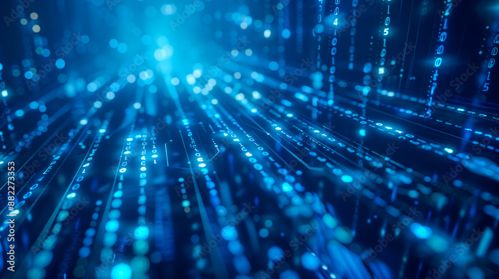 Abstract blue binary code background with glowing light rays and bokeh lights - AI Generated
