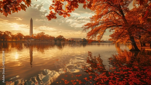 Washington DC In The Fall. Historical Building with Autumn Foliage at Tidal Basin photo