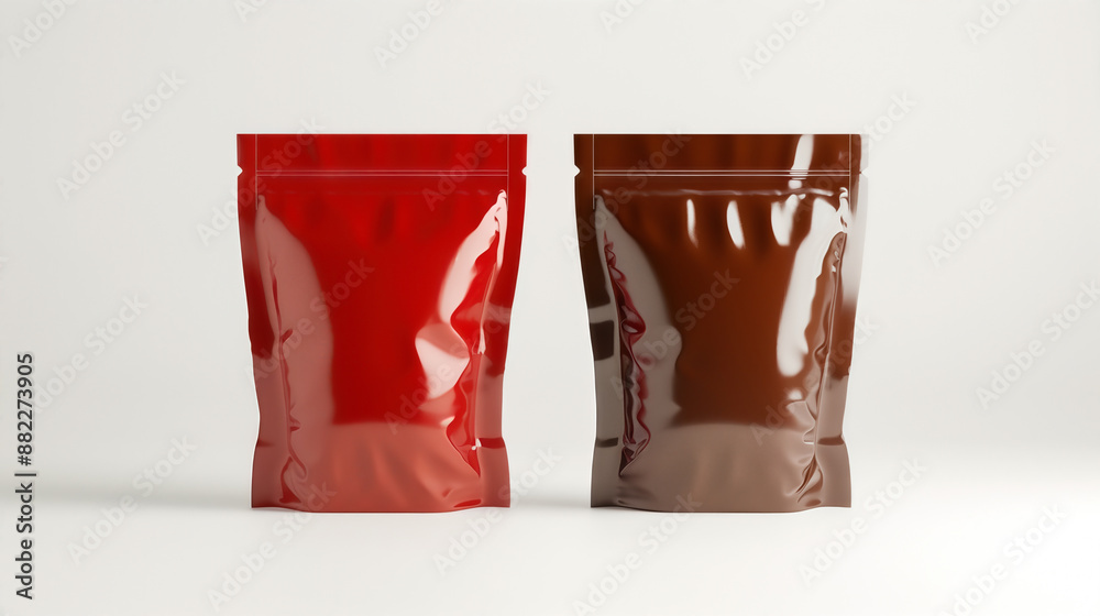 Two stand-up pouch packages in red and brown, ideal for food and product packaging, displayed against a plain white background. High Quality Two stand-up pouch packages in red and brown, ideal for food and product packaging, displayed against a plain white background. High Quality