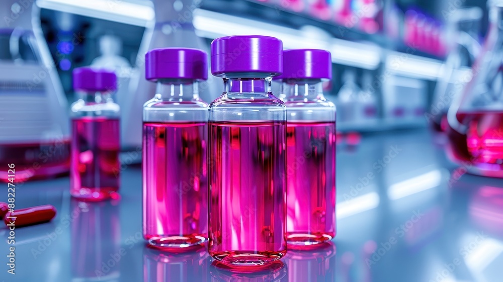Three vials with pink liquid and purple caps in a lab setting, surrounded by scientific equipment and laboratory glassware. Three vials with pink liquid and purple caps in a lab setting, surrounded by scientific equipment and laboratory glassware.