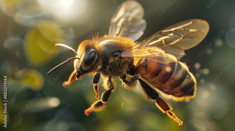 hyperrealistic closeup of a honey bee in flight showcasing intricate wing patterns and fuzzy body details soft bokeh background emphasizes the bees delicate beauty hyperrealistic closeup of a honey bee in flight showcasing intricate wing patterns and fuzzy body details soft bokeh background emphasizes the bees delicate beauty