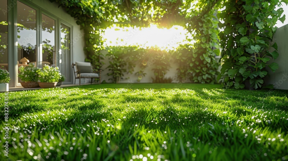 A serene backyard with lush green grass, sunlit foliage, and a cozy seating area perfect for relaxation and enjoying nature. A serene backyard with lush green grass, sunlit foliage, and a cozy seating area perfect for relaxation and enjoying nature.