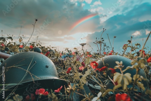 Anti-War Concept: Nature Reclaiming Battlefield with Abandoned Weapons and Helmets, Overgrown with Flowers and Vines, Bright Rainbow in Sky Symbolizing Hope and Healing photo