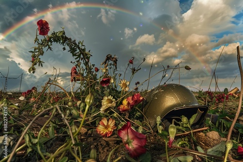 Anti-War Concept: Nature Reclaiming Battlefield with Abandoned Weapons and Helmets, Overgrown with Flowers and Vines, Bright Rainbow in Sky Symbolizing Hope and Healing photo