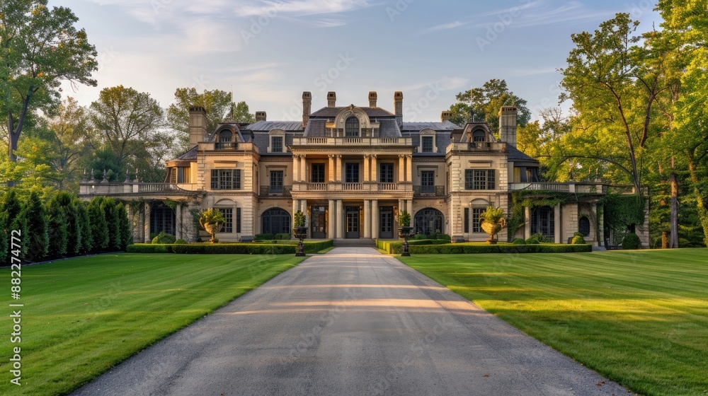 Naklejka premium A stately manor house with a grand entrance, manicured lawns, and a tree-lined driveway.
