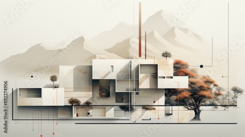 Abstract Modernist Architecture with Desert Background