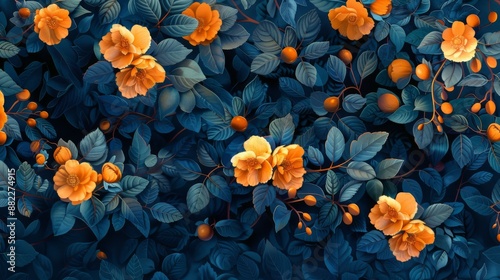 Orange Blooms Amidst Teal Leaves