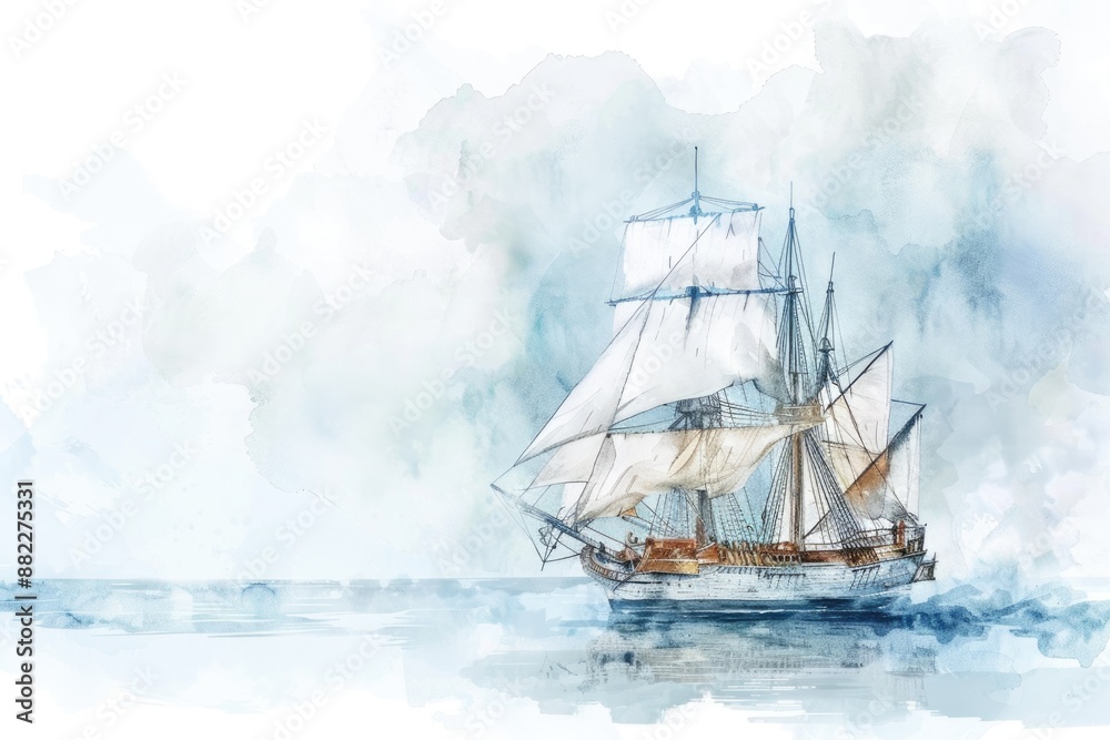 Fototapeta premium Ship Watercolor. Hand painted sailing voyage of sailboat in watercolor