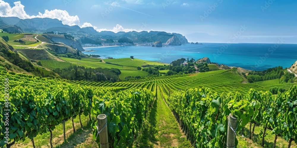 Fototapeta premium Spain Vineyard. Wine Production and Vinery in Getaria with Basque Country Landscape