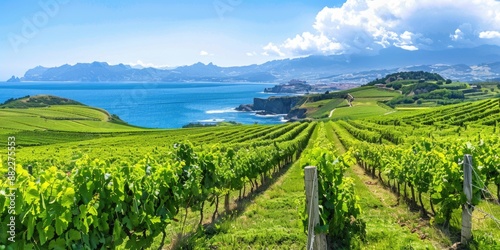 Spain Vineyard. Green Vineyards and Winery Overlooking Cantabrian Sea in Getaria, Basque Country