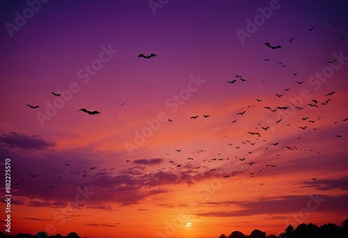 a group of halloween bats fly in the sky at sunset