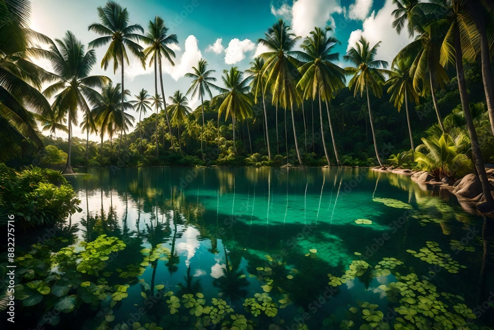 lake and palms, Mahe island, Seychelles.