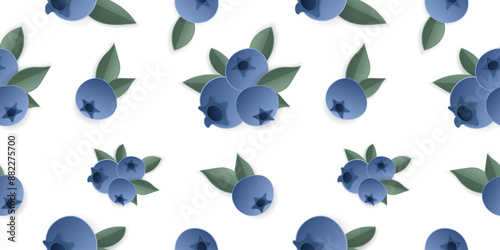 Seamless pattern 3d papercut blueberry cutout berry fruit. Summer layered fruits for restaurant, food, drinks, bars, recipes, summer, sweets, vegan, social media, presentation design.