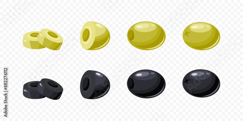 Flat Vector Black and Green Olives Set. Hand Drawn Olive Tree Berry Clipart. Olive Icon Set. Whole, Cut Olives Design Template for Olive Oil Products, Packaging, Food Concept