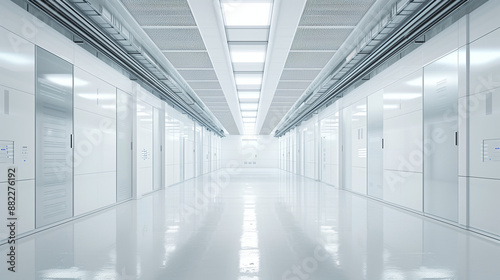 In a sterile, clean and bright server room, advanced airflow systems operate constantly, ensuring optimal cooling conditions and minimizing energy consumption.