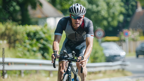 Athlete participating in a duathlon, running and cycling in a multisport event competition.