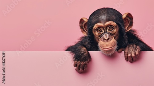 Adorable Chimp Baby Peeking Out from a Clean Studio Background with Space for Text © TimeaPeter