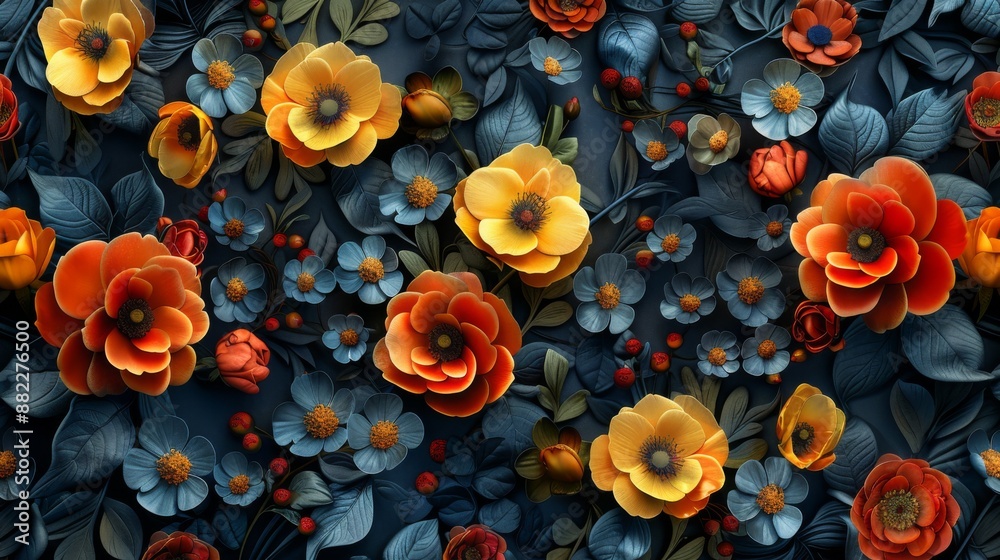 Floral Tapestry: A Symphony of Orange, Yellow, and Blue Floral Tapestry: A Symphony of Orange, Yellow, and Blue