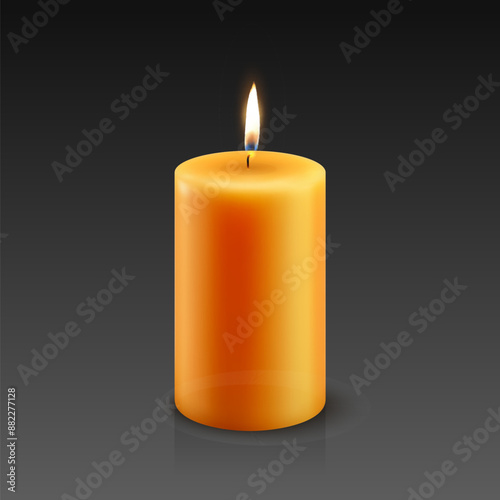 Vector 3D Realistic Paraffin Wax Burning Party Spa Candle and Burning Flame Closeup. Candle, Candle Flame Design Template for Relaxation, Wellness and Celebration Concept, Front View