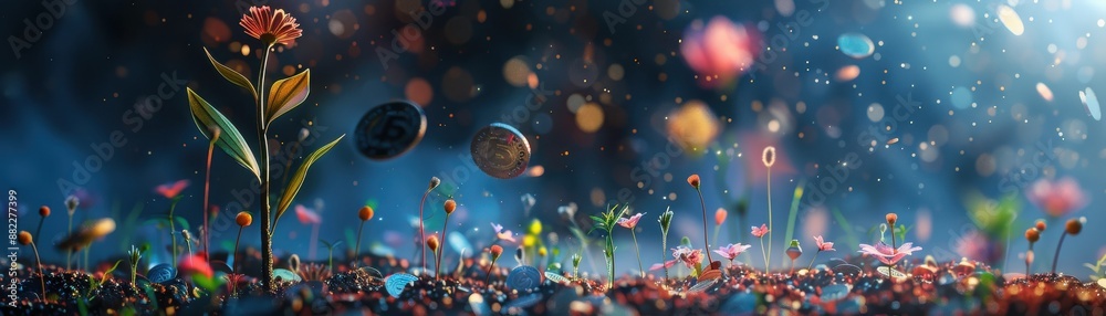 A field of flowers growing from soil mixed with coins in a sunny meadow theme, front view, symbolizing natural wealth, futuristic tone, Complementary Color Scheme A field of flowers growing from soil mixed with coins in a sunny meadow theme, front view, symbolizing natural wealth, futuristic tone, Complementary Color Scheme