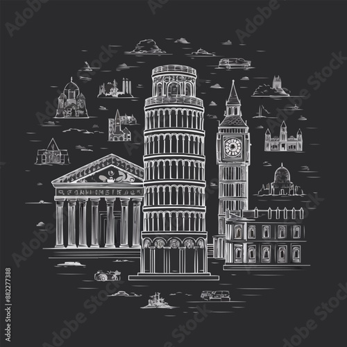 Flat sketch drawing of Venice canals and gondolas, minimalist style, monochrome, detailed line work, architectural elements, centered composition