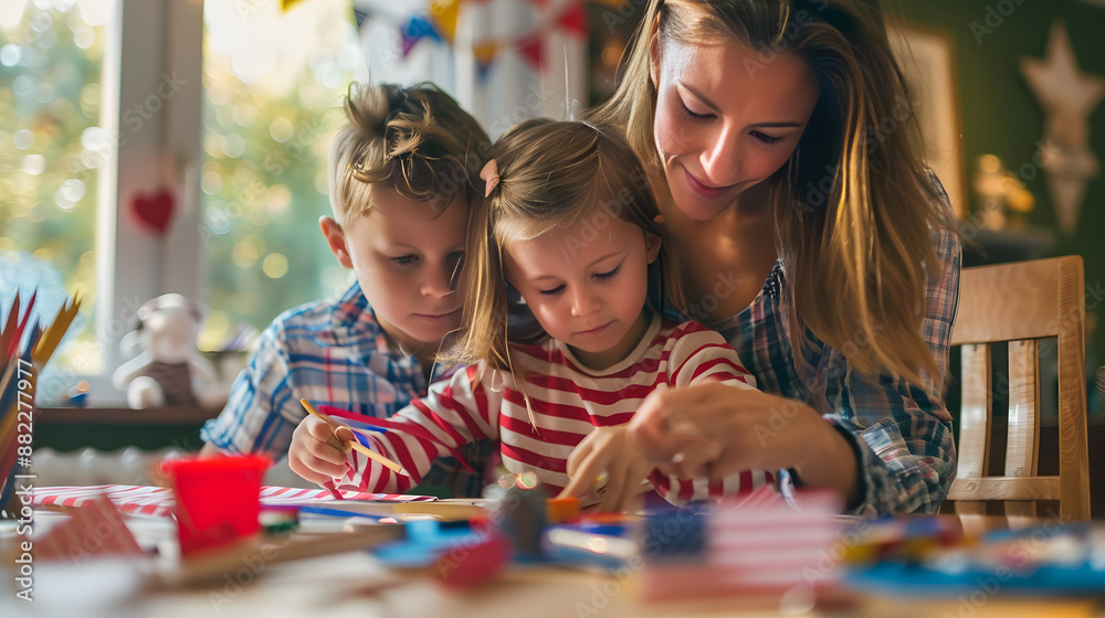 Family gathers to create red, white, and blue patriotic decorations in a cozy crafting session. Family gathers to create red, white, and blue patriotic decorations in a cozy crafting session.