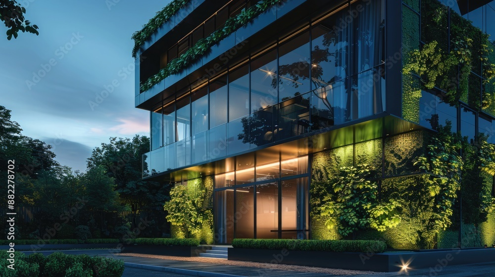 Obraz premium A stylish commercial building with a minimalist glass and steel design, accented by vertical garden features and ambient exterior lighting.
