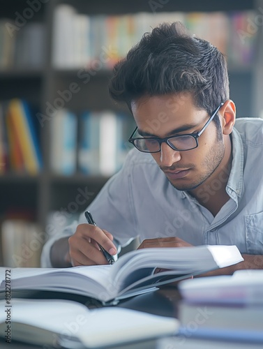 Focused student studying in library