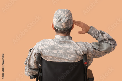 Young soldier in wheelchair saluting on beige background, back view © Pixel-Shot