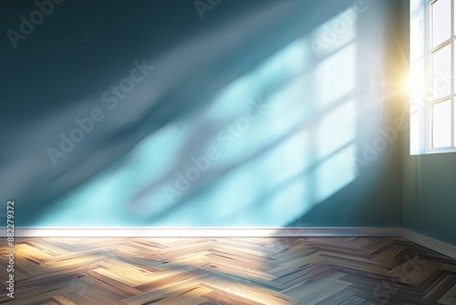 Empty Room with Turquoise Wall and Wooden Floor in Sunlight. Room Interior Background for Product Presentation