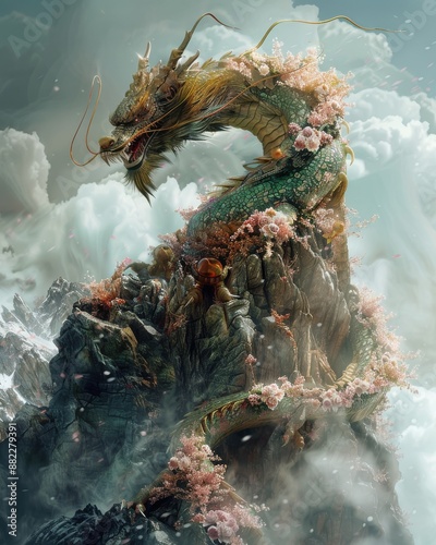 A dragon hoarding a pile of blooming treasure in a dark cave theme, front view, symbolizing mystical wealth, futuristic tone, Complementary Color Scheme