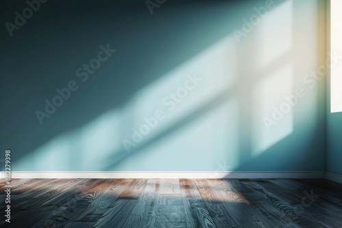 Empty Room with Turquoise Wall and Wooden Floor in Sunlight. Room Interior Background for Product Presentation