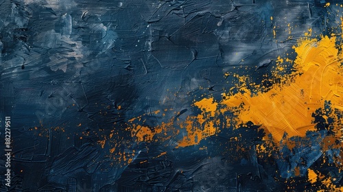 Dark blue textured background with bright yellow paint splatters