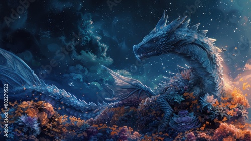 A dragon hoarding a pile of blooming treasure in a dark cave theme, front view, symbolizing mystical wealth, futuristic tone, Complementary Color Scheme