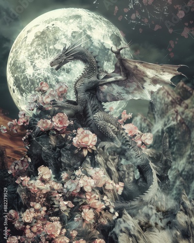 A dragon hoarding a pile of blooming treasure in a dark cave theme, front view, symbolizing mystical wealth, futuristic tone, Complementary Color Scheme